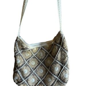 The Sak Crochet Squares Knit Crossbody Boho Style Shoulderbag Cream Brown